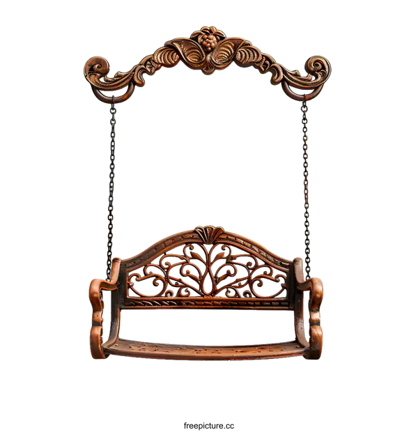 [Transparent Background PNG]Ornate Wooden Swing Seat with Chain and Floral Design