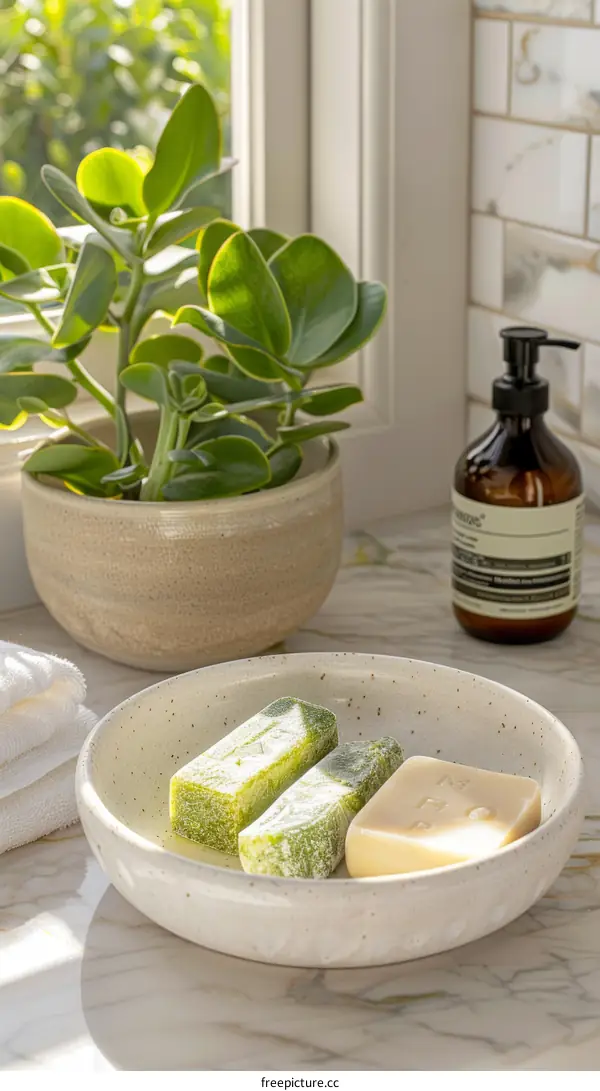 Two bars of soap and a plant on a table