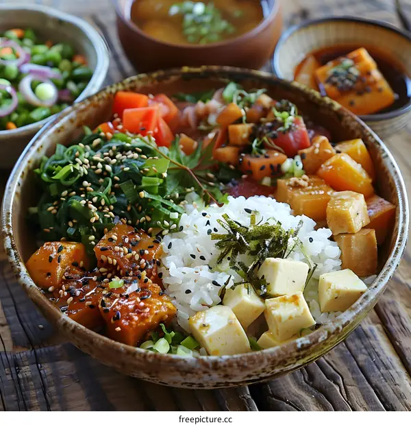 A delicious and healthy poke bowl with tofu, vegetables, and rice