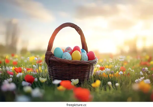 Colorful Easter Eggs in a Basket in a Field
