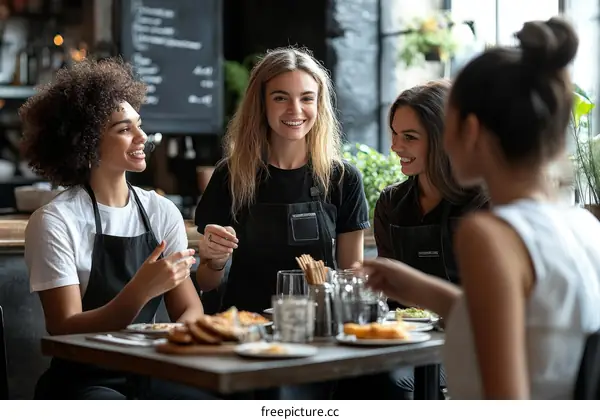 Four Women Friends Enjoying Lunch Together in a Cafe
