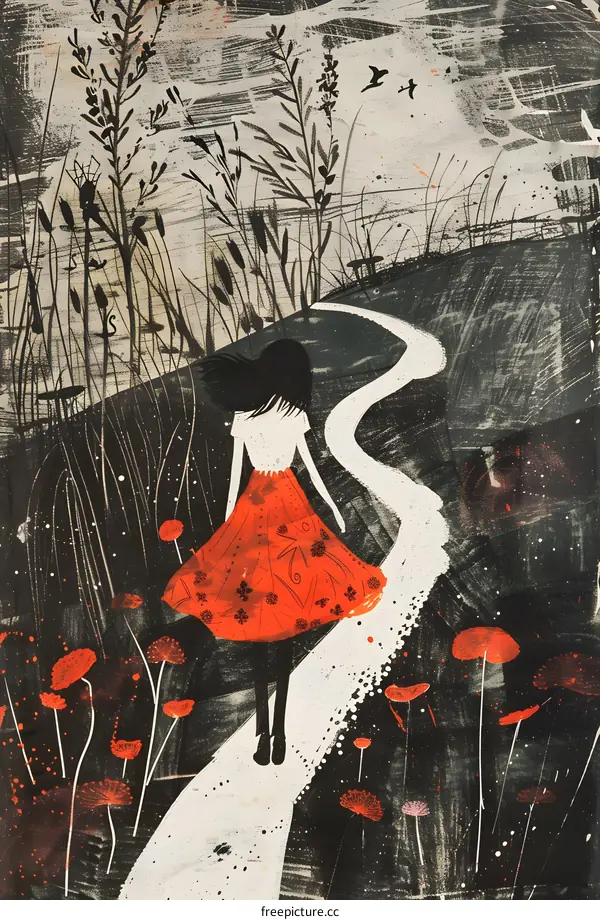 A Woman Walks On A White Path Through A Dark Forest