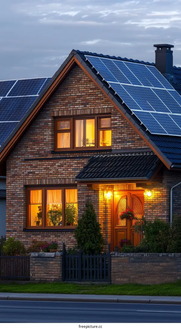 Illuminated House with Solar Panels at Dusk