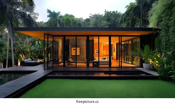Modern Glass House with Wooden Deck and Tropical Plants