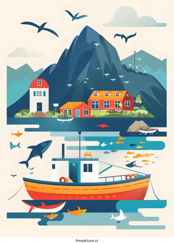 Fishing Boat Near a Mountain with Houses and Birds