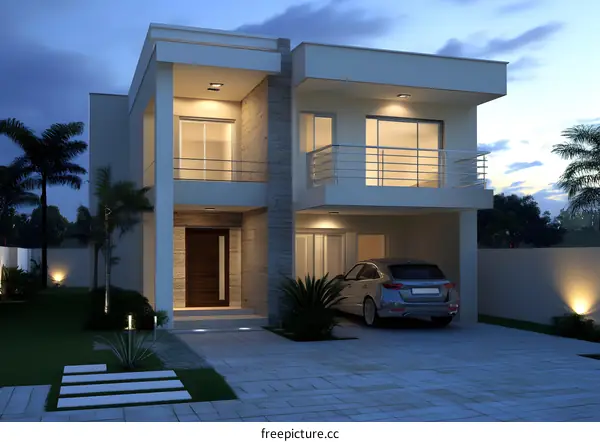 Modern Two Storey House Exterior Design with Garage and Palm Trees