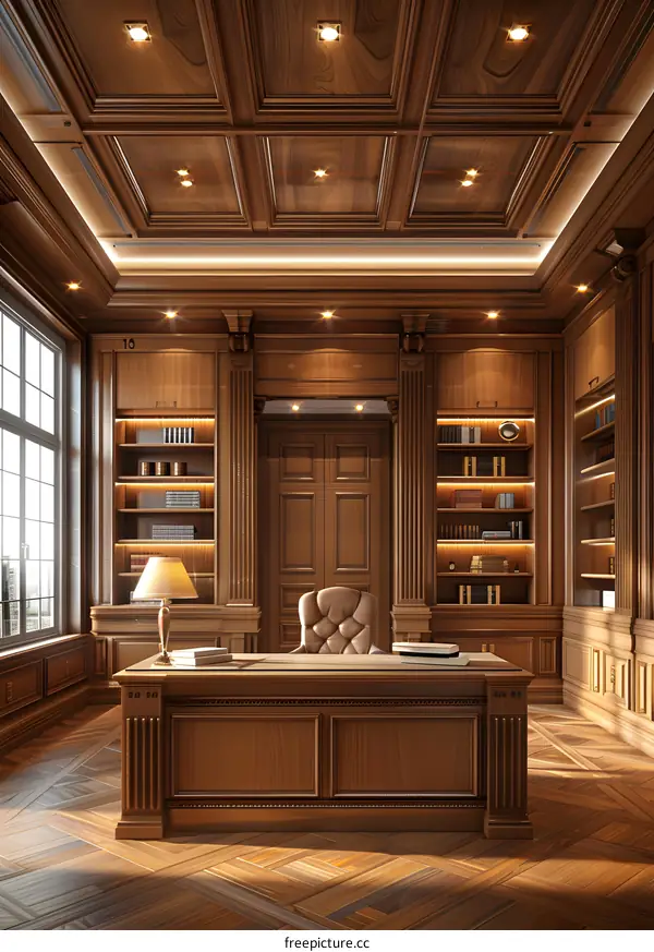 Luxury wooden office interior with a large desk and leather chair