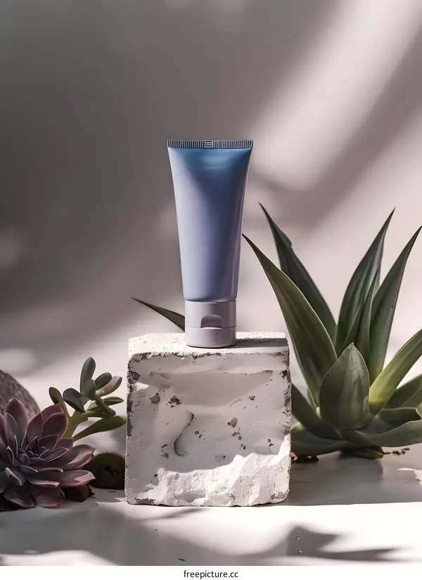 A tube of purple face cream on a podium with green plants around it
