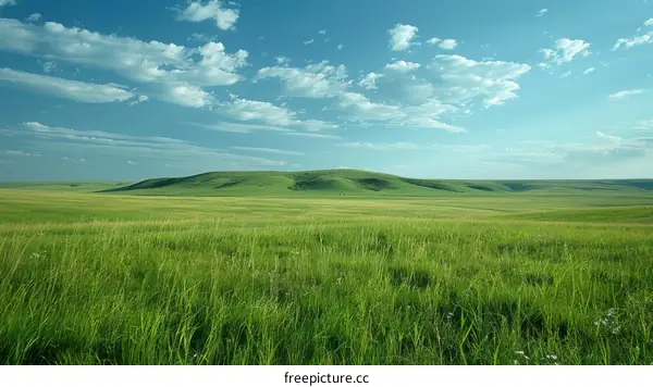 Rolling green hills under a blue sky with white clouds