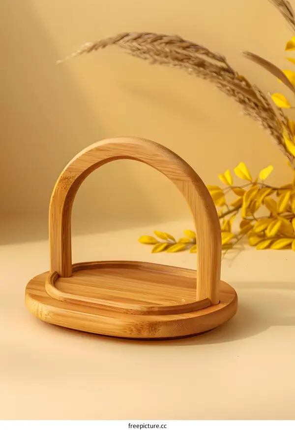 Wooden Tray With Handle And Arch Design On A Beige Background