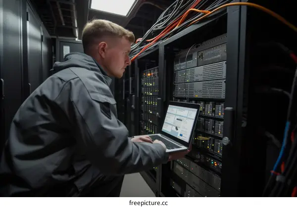 A technician is working on a laptop in a server room.