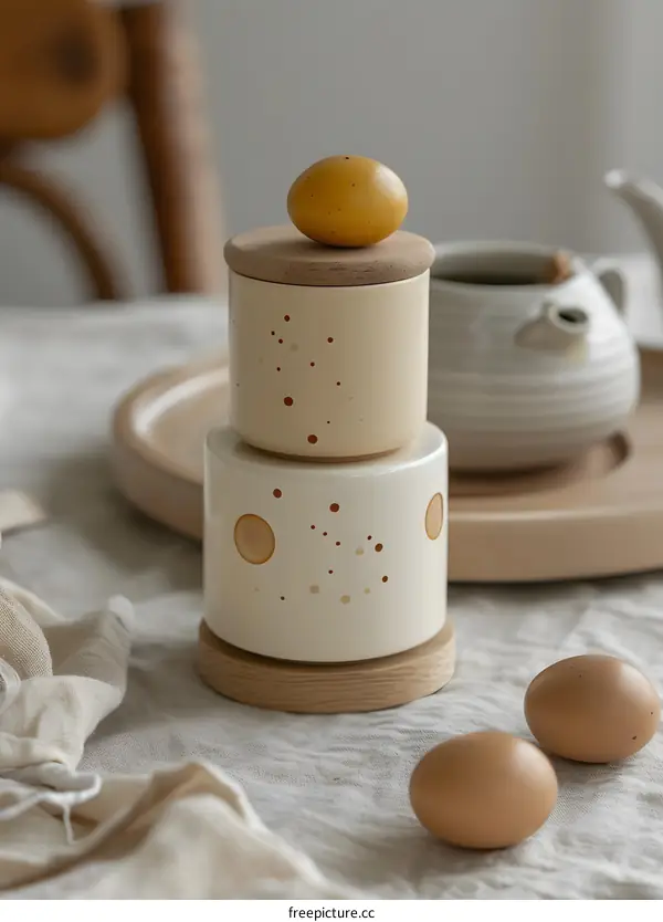 Stackable Ceramic Jars With Wooden Lids And Yellow Eggs On White Table
