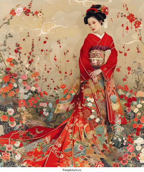 A Japanese Geisha in a red kimono