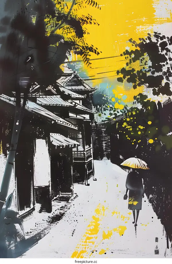 Black and White Japanese Street Painting with a Single Woman in the Foreground