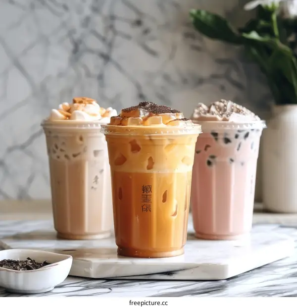 Three plastic cups of various cold drinks with froth on top