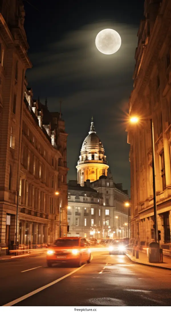 A view of the Old Bailey at night with a full moon in the sky