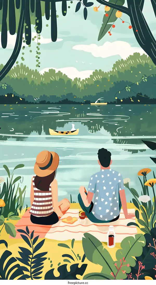 Couple Picnic by the Lake in Summer