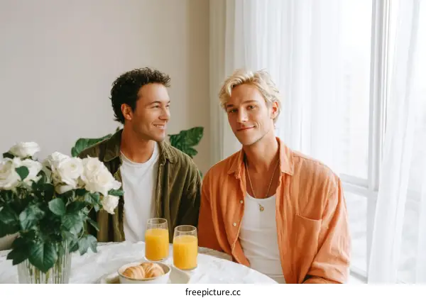 Two Men Enjoying Breakfast Together Indoor