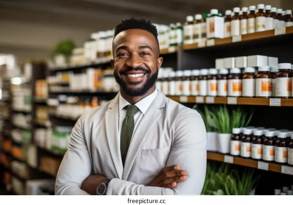 Portrait of a smiling African American male pharmacist in a drug store