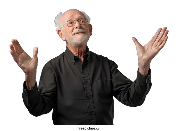 [Transparent Background PNG]An old man with glasses and white hair and beard is looking up with his hands raised.