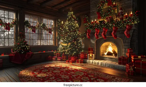 Warm and Cozy Christmas Living Room with a Decorated Tree and Presents