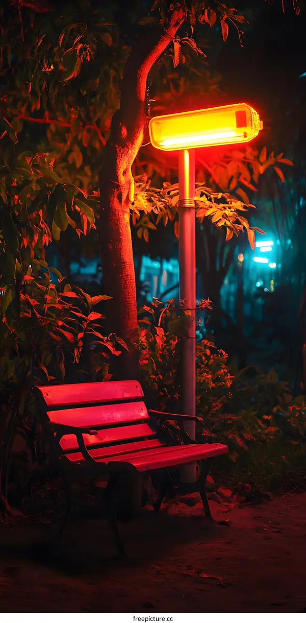 Night Photography of a Bench Under a Red Light