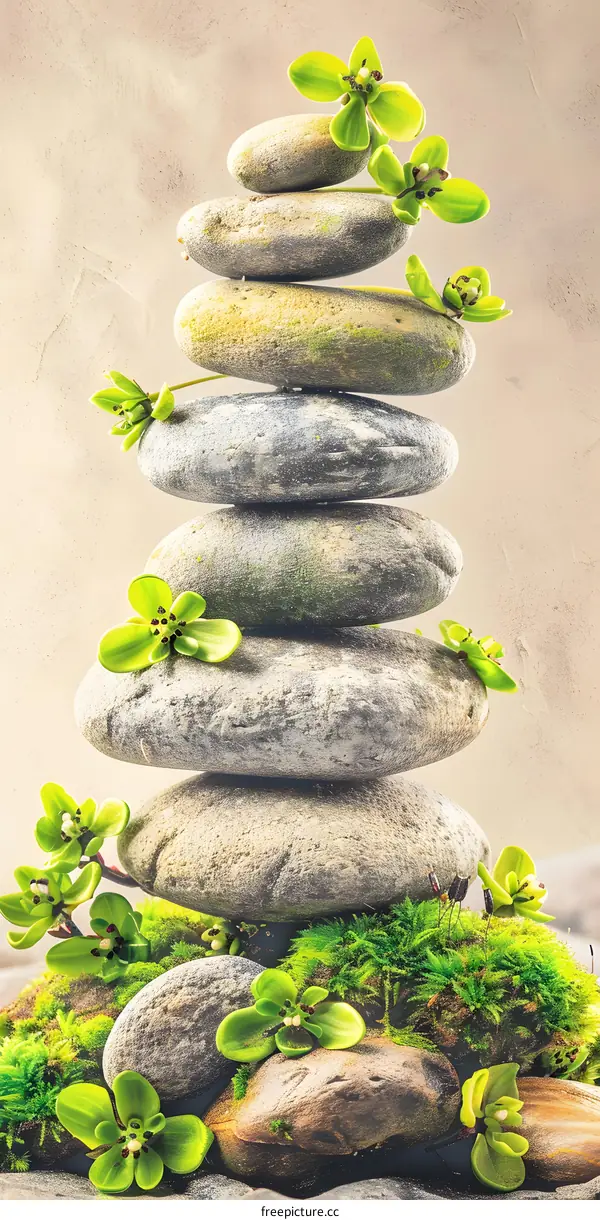 Stack of Stones with Green Plants