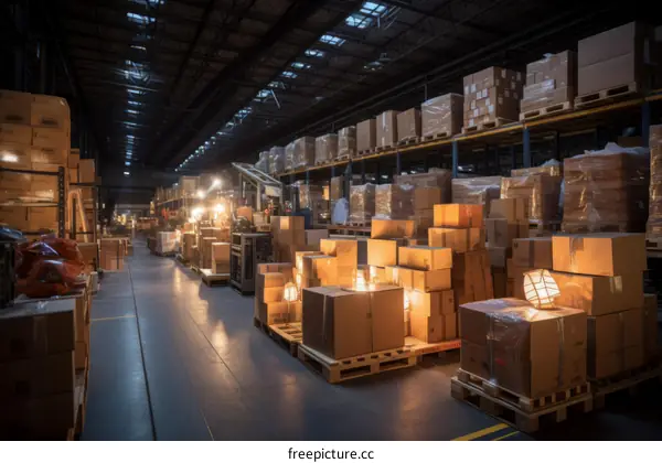 Boxes stacked on wooden shelves in a warehouse