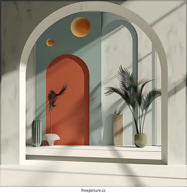 Abstract Minimalist Archway Interior Design with Palm Tree and Cactus Plants