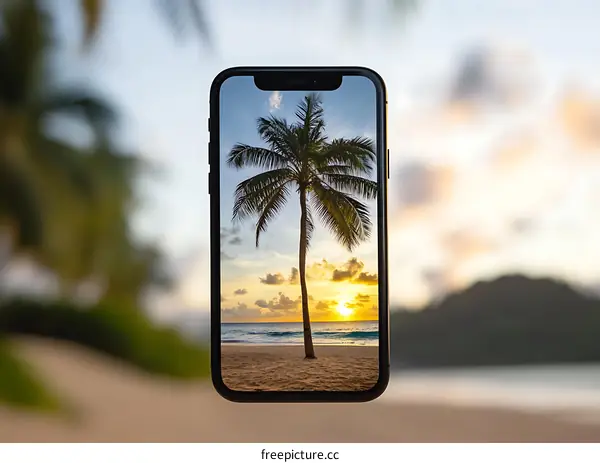 Palm Tree Sunset Photo On Smartphone Screen