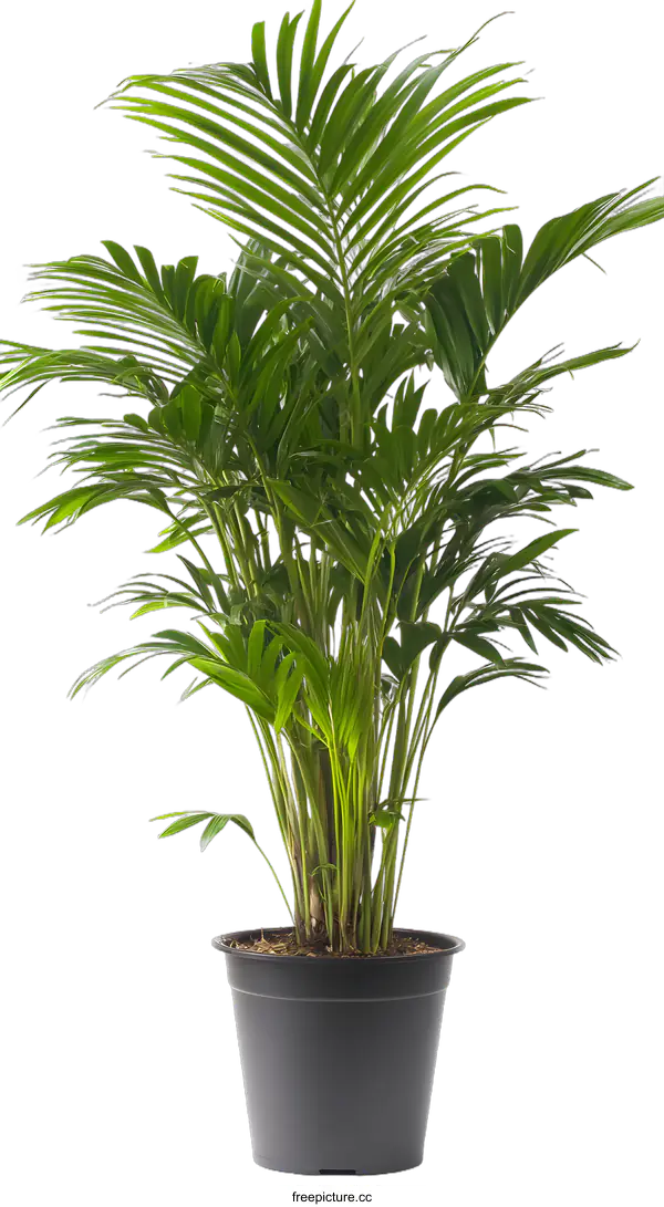 [Transparent Background PNG]Green Indoor Palm Plant in Black Pot on White Background