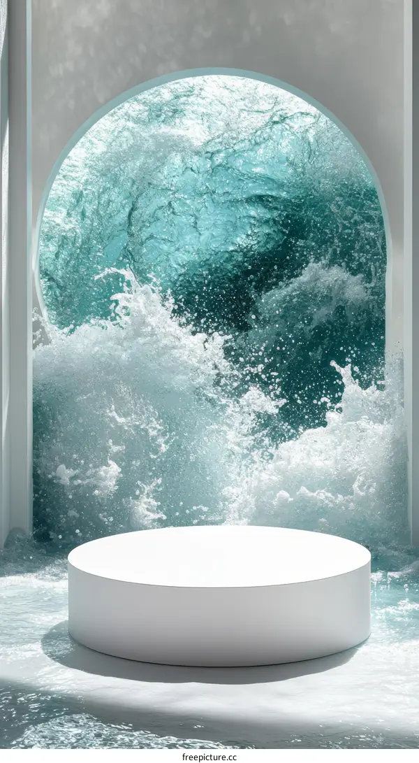 Abstract Minimalist White Product Display with Ocean Waves