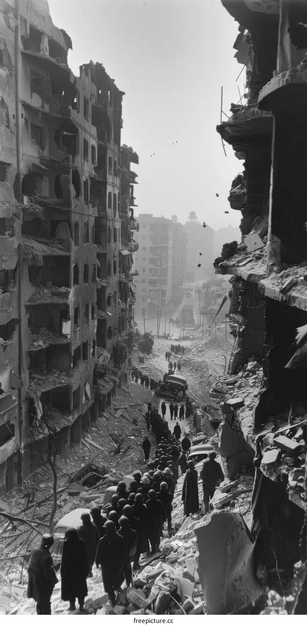 A group of soldiers walking through a destroyed city during World War II.