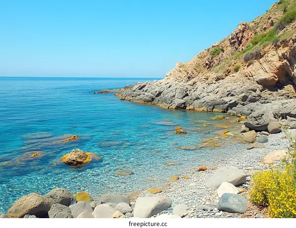 Beautiful Sea Cove With Blue Waters And Rocks