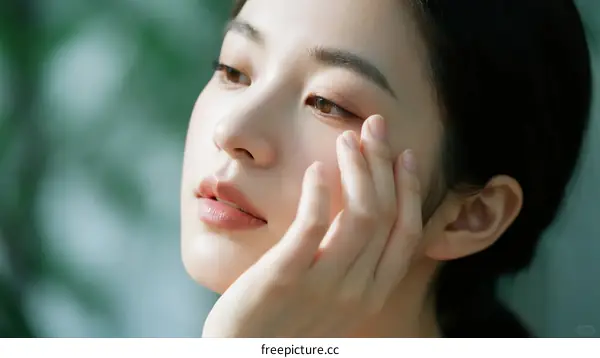 Close-up of a young woman touching her face gently in nature