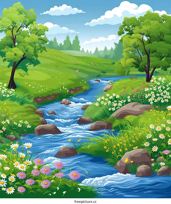 Summer Landscape with a River, Trees, and Flowers