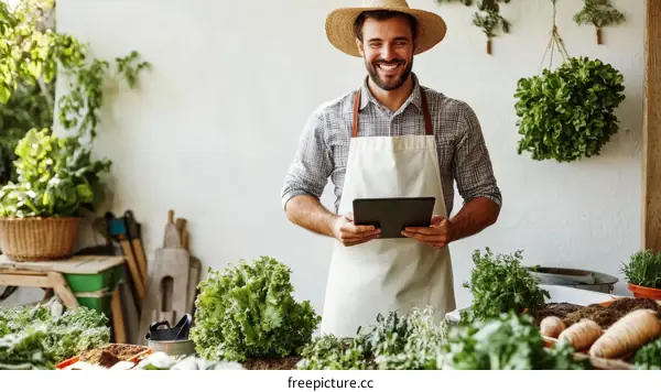Smiling Caucasian Farmer with Tablet in a Greenhouse