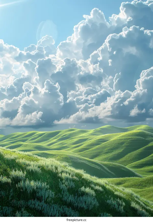 Green rolling hills under a blue sky with white clouds
