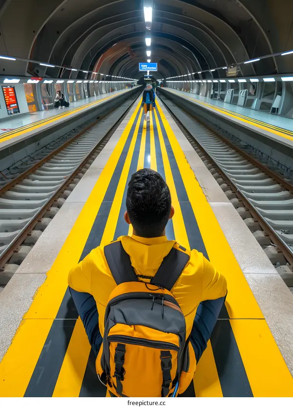 Man Sitting on Train Tracks with Yellow and Black Stripes