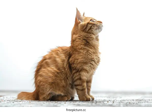 A ginger cat is sitting on the ground and looking up