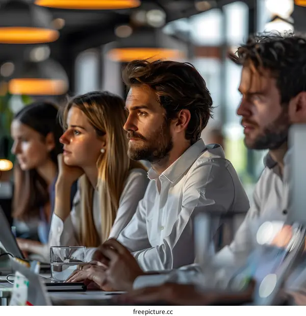 Four serious business people are sitting around a table having a meeting