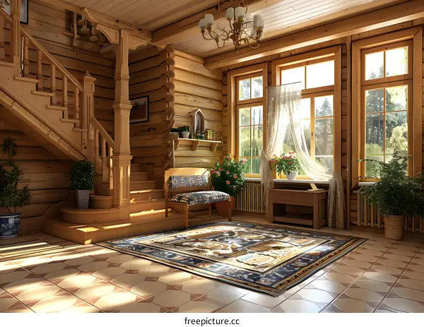 Stairway to the living room with a large rug and a beautiful chandelier