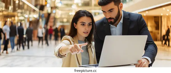 Two Business Professionals Looking at a Laptop in a Modern Office Building