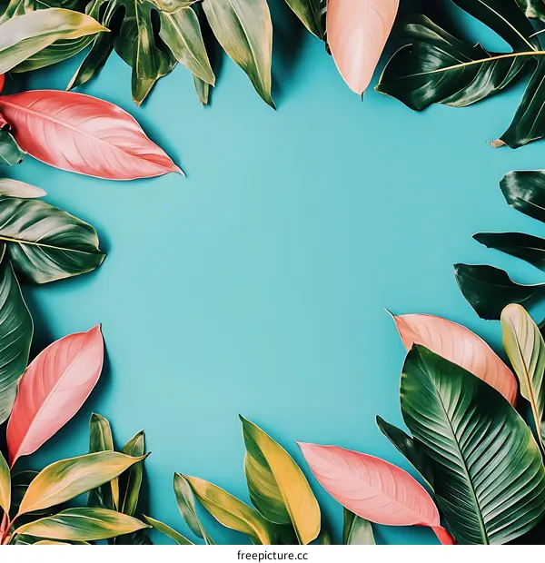 Tropical Leaves Frame on Blue Background