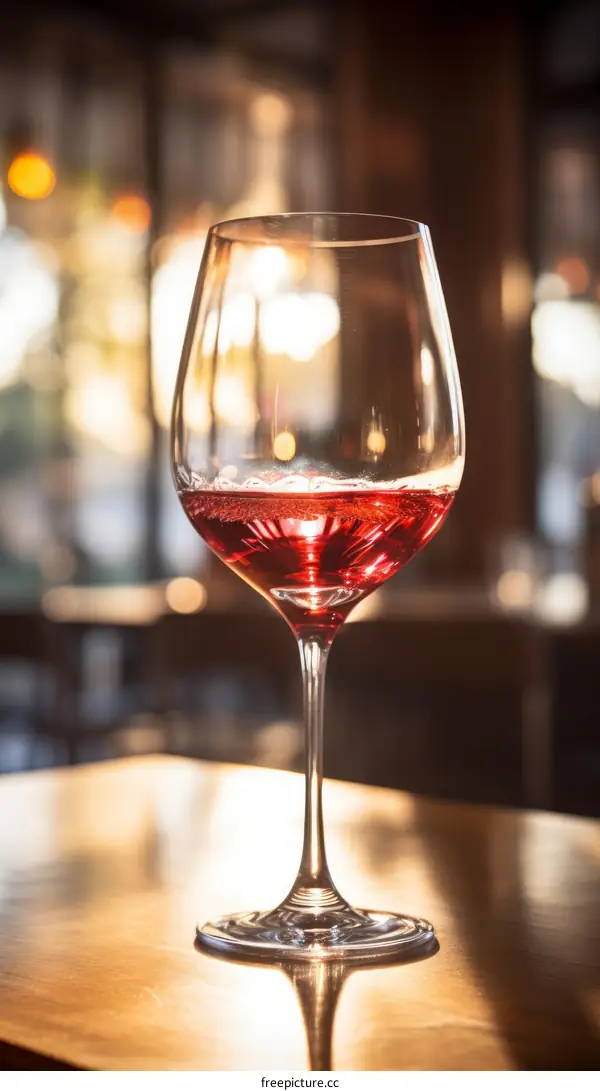 Close-up of a glass of red wine on a wooden table with a blurred background