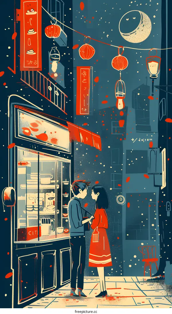 Couple Standing in Front of Store With Red Lanterns Hanging Above