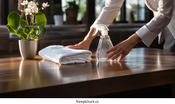 Caucasian woman cleaning wooden table with cloth and spray
