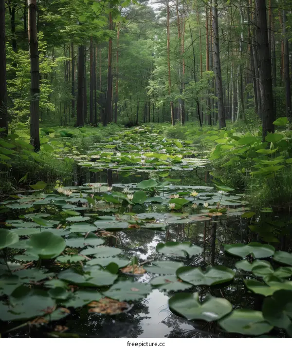 The water lilies are blooming in the middle of the forest