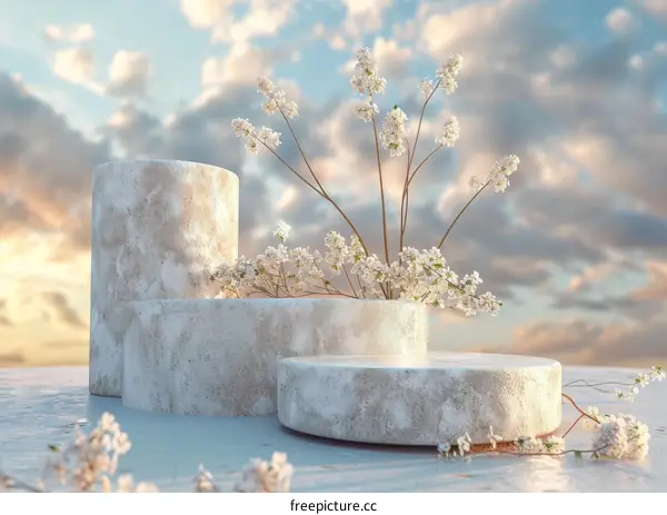 Elegant Display Podiums with Blossoms Against a Cloudy Sky
