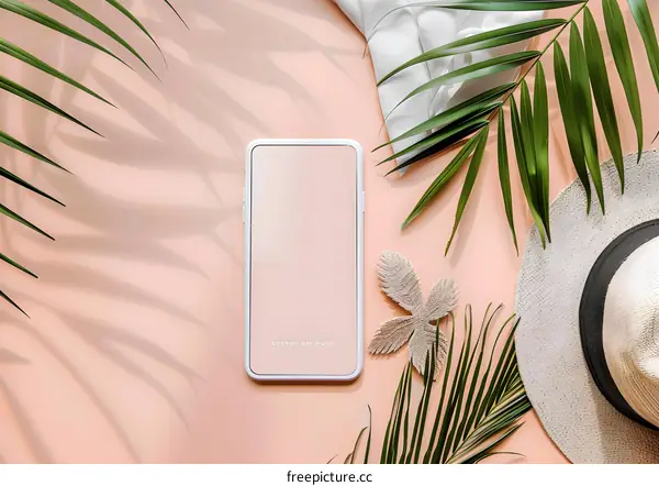 Summer Flat Lay With Phone and Palm Leaves